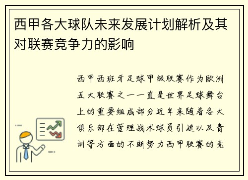 西甲各大球队未来发展计划解析及其对联赛竞争力的影响