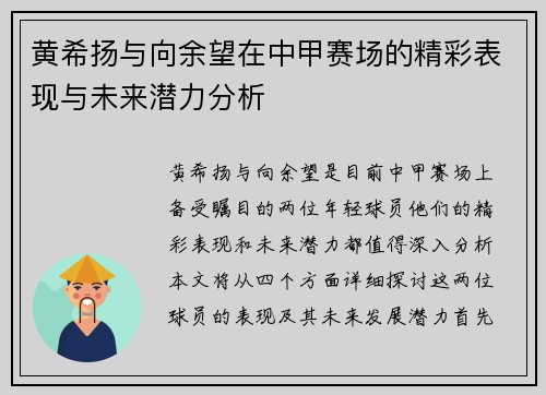 黄希扬与向余望在中甲赛场的精彩表现与未来潜力分析
