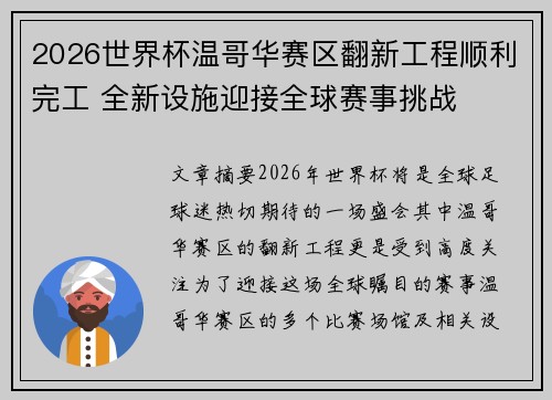 2026世界杯温哥华赛区翻新工程顺利完工 全新设施迎接全球赛事挑战