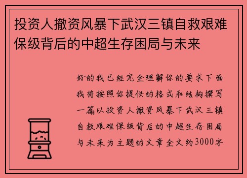 投资人撤资风暴下武汉三镇自救艰难保级背后的中超生存困局与未来